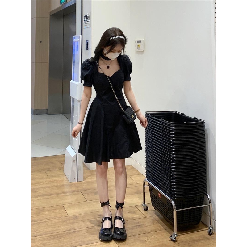 MS774 Váy đầm tay bồng choker cổ vuông vintage