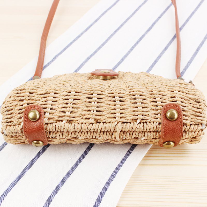 [NowShip - Giao Ngay] Túi Cói Boho Vintage Đeo Vai, Đeo Chéo Hình Tròn Bán Nguyệt Dây Da Màu Nâu Be Trơn