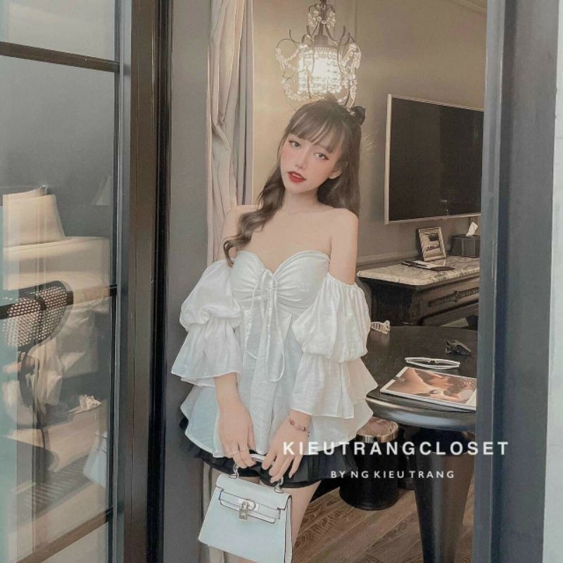 SET ÁO RỚT VAI XẺ LƯNG CHÂN VÁY XOÈ TẦNG