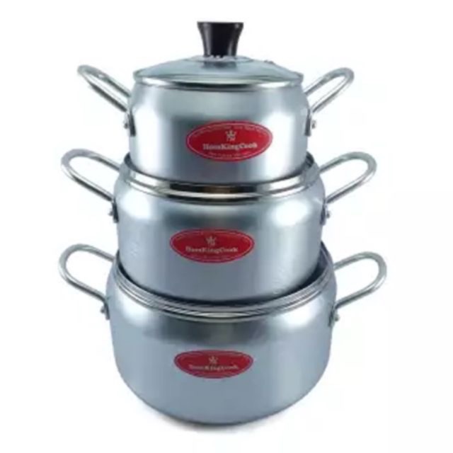 BỘ 3 NỒI NHÔM TRẮNG HOMEKING COOK HT06KC NẮP KÍNH