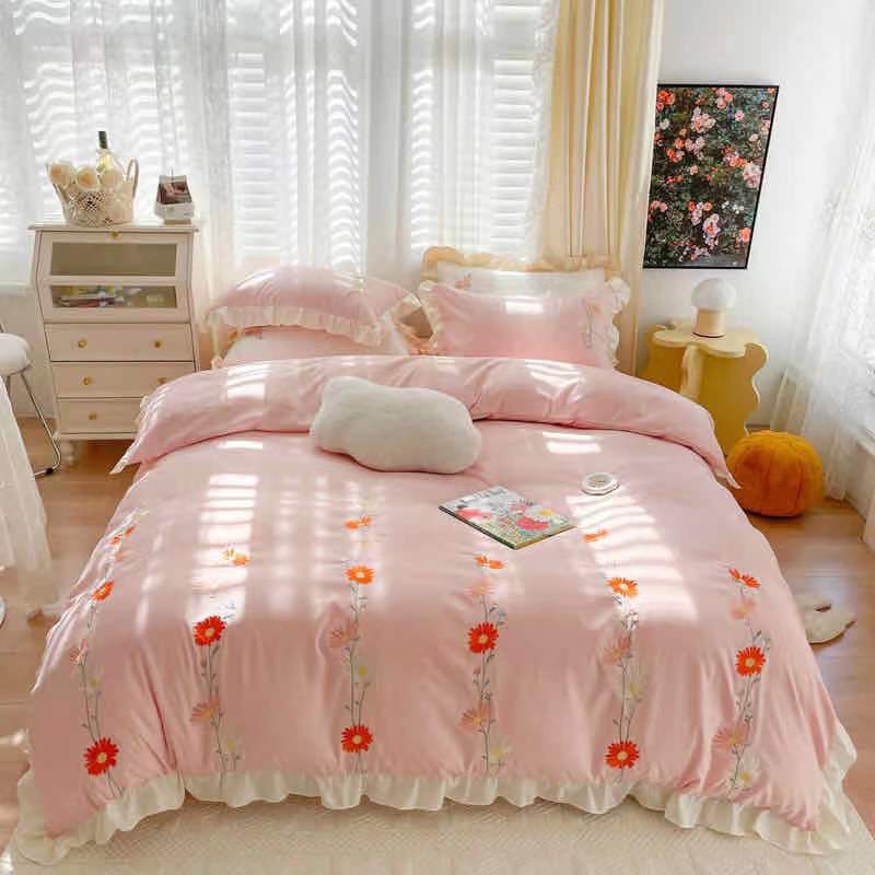 Bộ chăn ga gối cotton đũi riềm bèo công chúa dễ thương, trọn bộ 4 món chăn ga đũi nhập khẩu cao cấp miễn phí bo chun