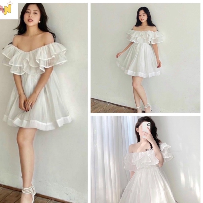 Đầm Bánh Bèo Trễ Vai Phồng Chất Tơ Óng Mẫu Mới V49M, váy trắng hở Vai Bánh Bèo 2 Tầng Bèo Tiểu Thư,TONGKHOQUANAONU