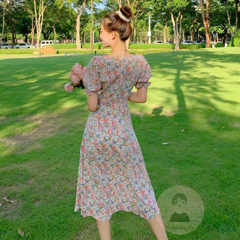 Đầm Hoa Tay Phồng Cổ Chữ V Xẻ Tà Thời Trang Mùa Hè Cho Nữ