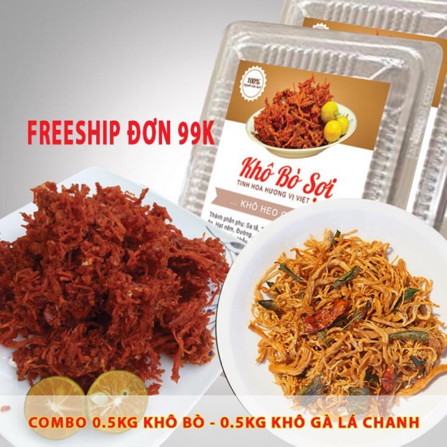 COMBO 0.5KG KHÔ GÀ LÁ CHANH VÀ 0.5KG KHÔ HEO GIẢ BÒ DAI NGON