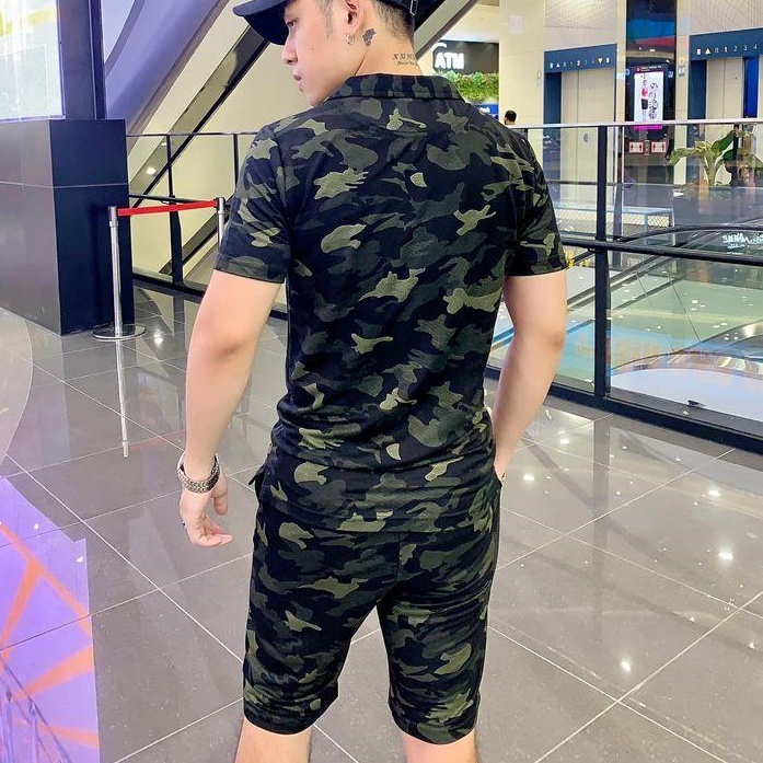 Bộ Đồ Thể Thao Nam Cộc Tay Cổ Bẻ Cotton In Hoạ Tiết Rằn Ri Thấm Hút Mồ Hôi Co Giãn Tốt