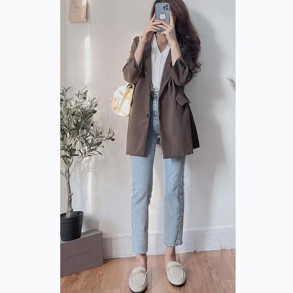 Áo blazer phom rộng be nâu (2 lớp) hàng đẹp