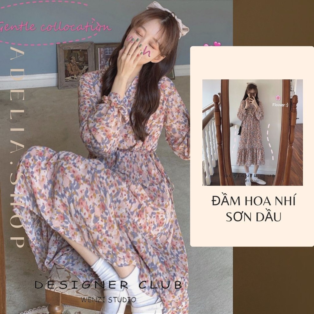 Váy hoa nhí vintage cổ V dáng dài tay bo, Váy hoa nhí sơn dầu dáng dài xinh xắn