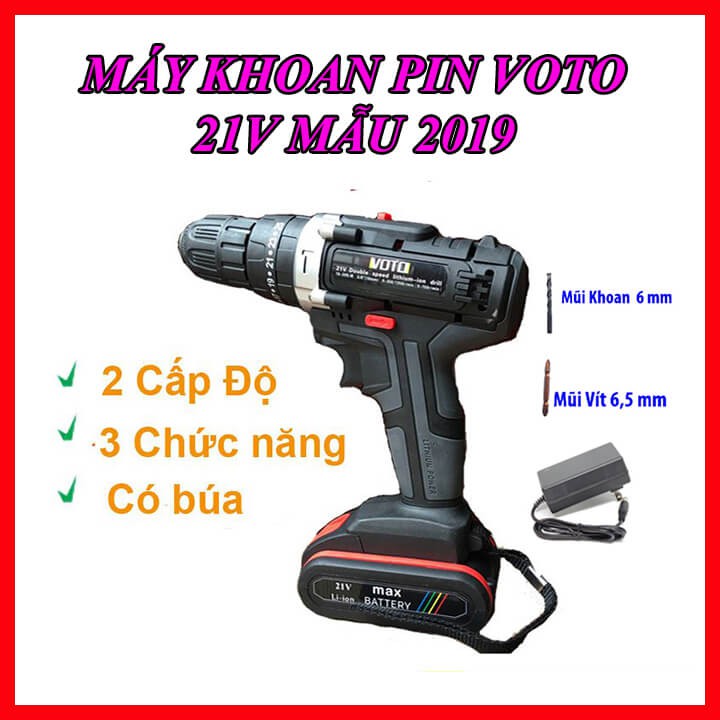 Máy khoan pin Voto 21V cầm tay có búa đảo chiều 2 tốc độ 1 Pin - Máy Khoan bắn vít 21V mẫu 2019