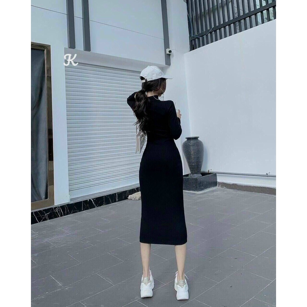 [ Miễn phí ship 2022 ] Đầm suông body tay dài, đầm đen ôm body cổ vuông choker tôn dáng,  dạo phố phong cách HQ