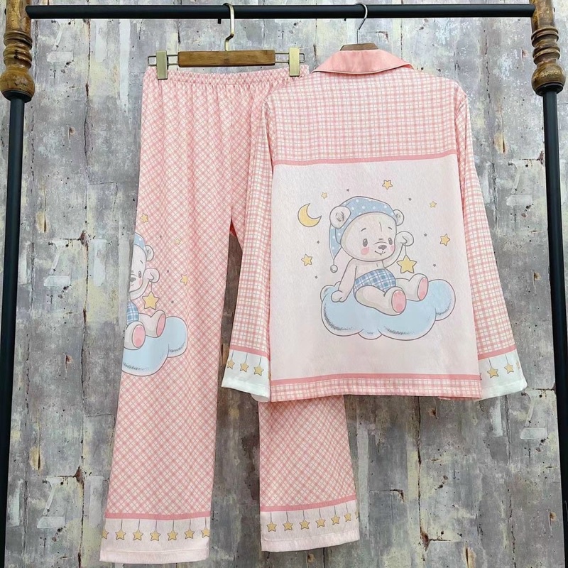 bộ pijama cao cấp lụa xước Quảng Châu tay dài gia đình gấu