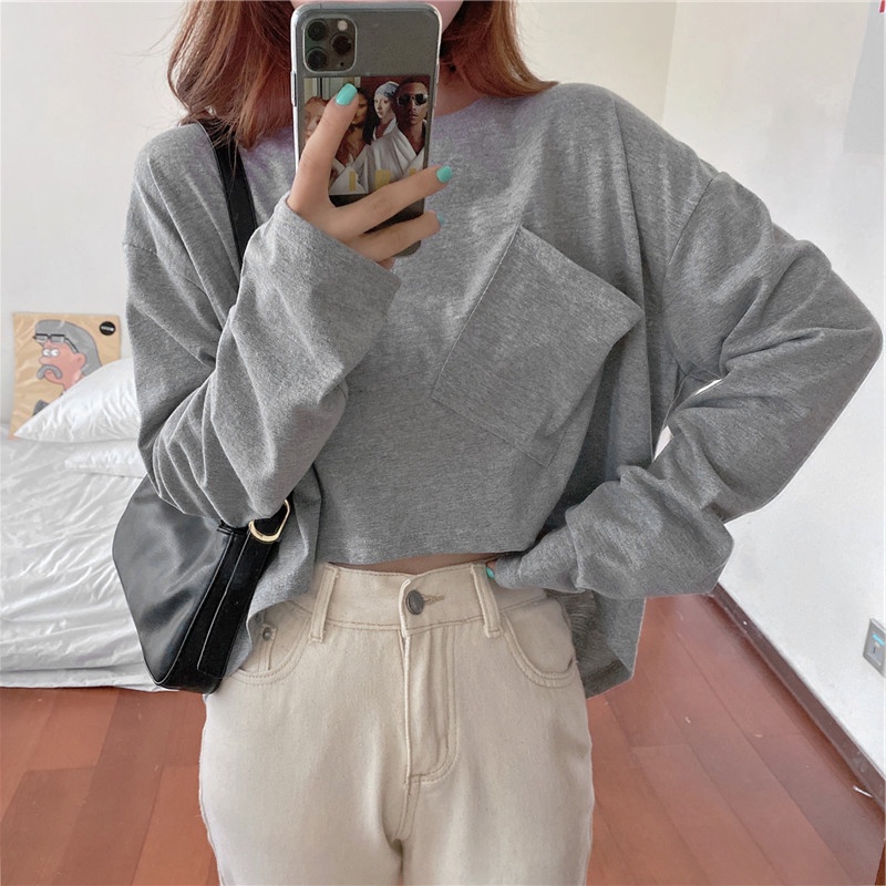 SUXI Áo Thun Tay Dài Cổ Tròn Màu Sắc Đơn Giản Dành Cho Nữ