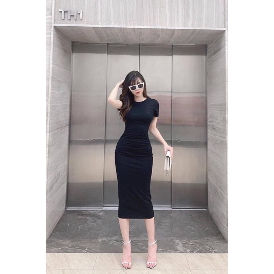 Đầm body cổ tròn nhún eo tay cộc ❤️Đầm dáng ôm cổ tròn