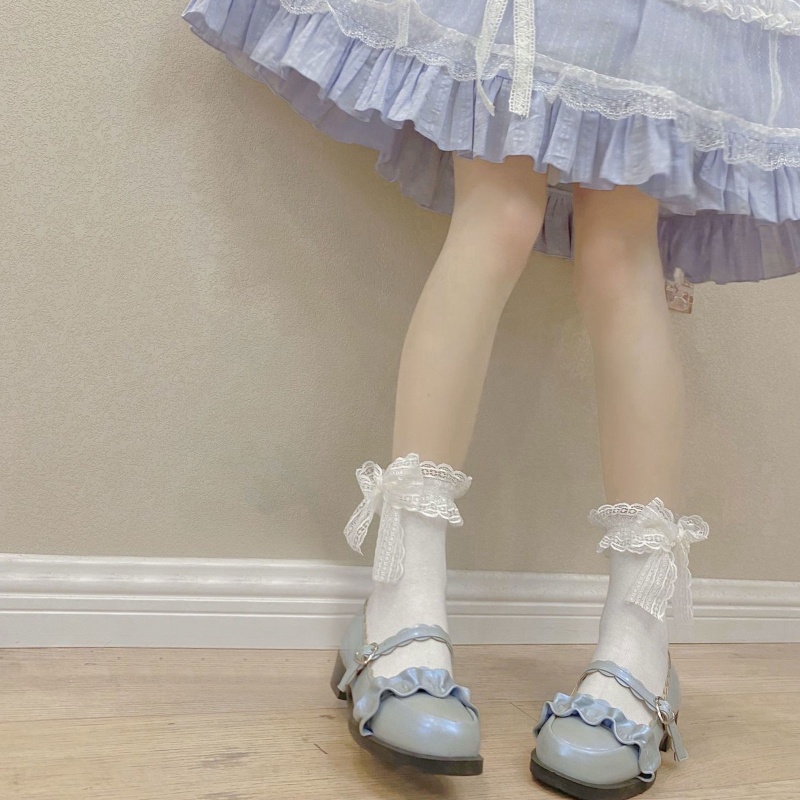 Xiangbao Vớ Cao Đến Đầu Gối Phối Ren Ruy Băng Nơ Ruy Băng Ngọt Ngào Hóa Trang Lolita Cho Nữ