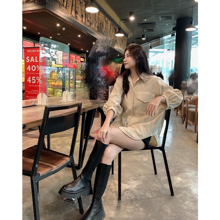 Áo Sơ Mi Form Rộng Túi Ngực Tay Bo Chất Thô Mềm