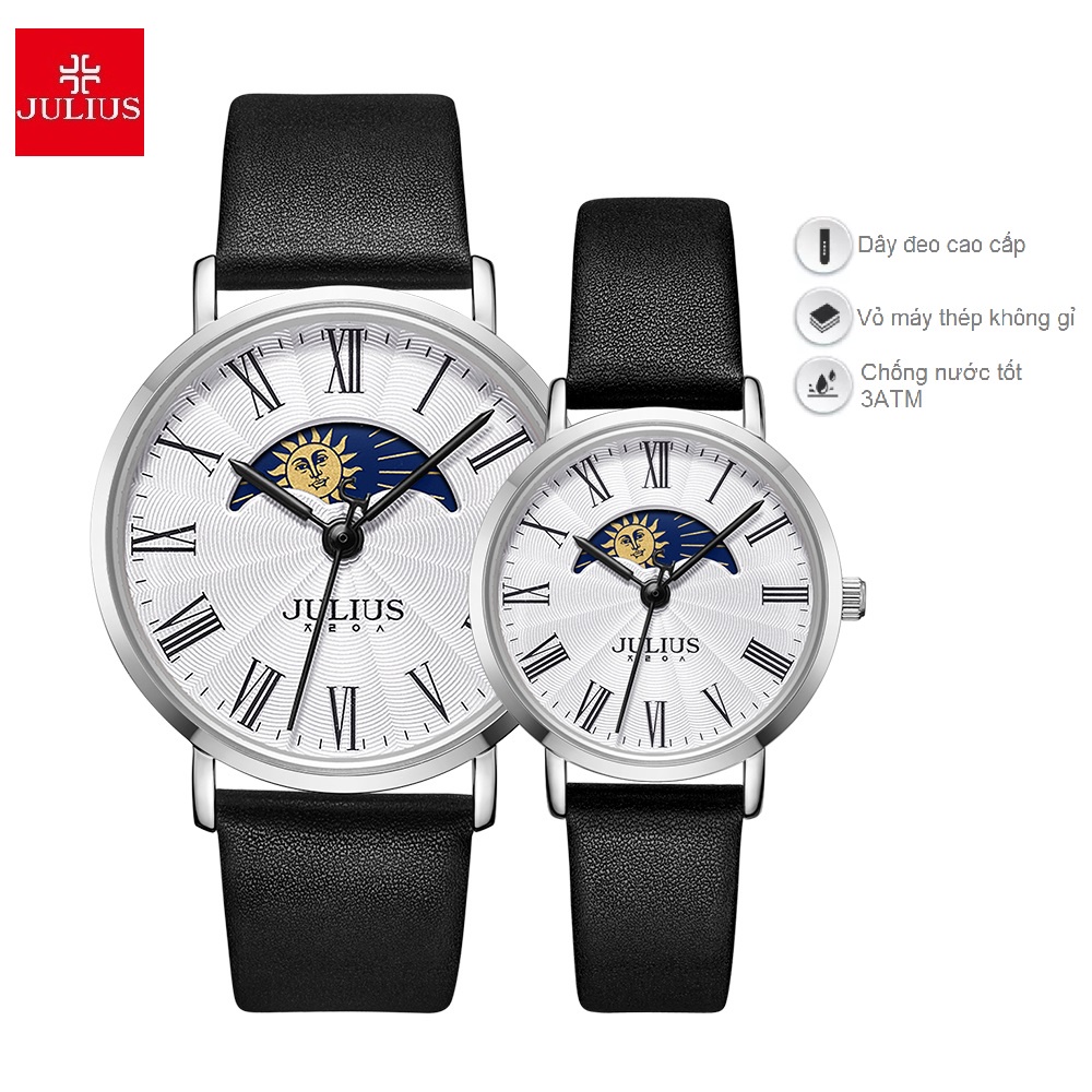 Đồng hồ đôi dây da Julius Ja-1308 (dây đen mặt trắng)