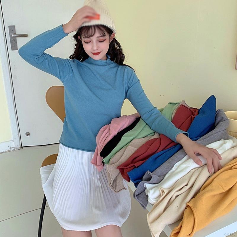 Áo thun tay dài cổ lọ màu trơn đơn giản thời trang hàn quốc cho nữ