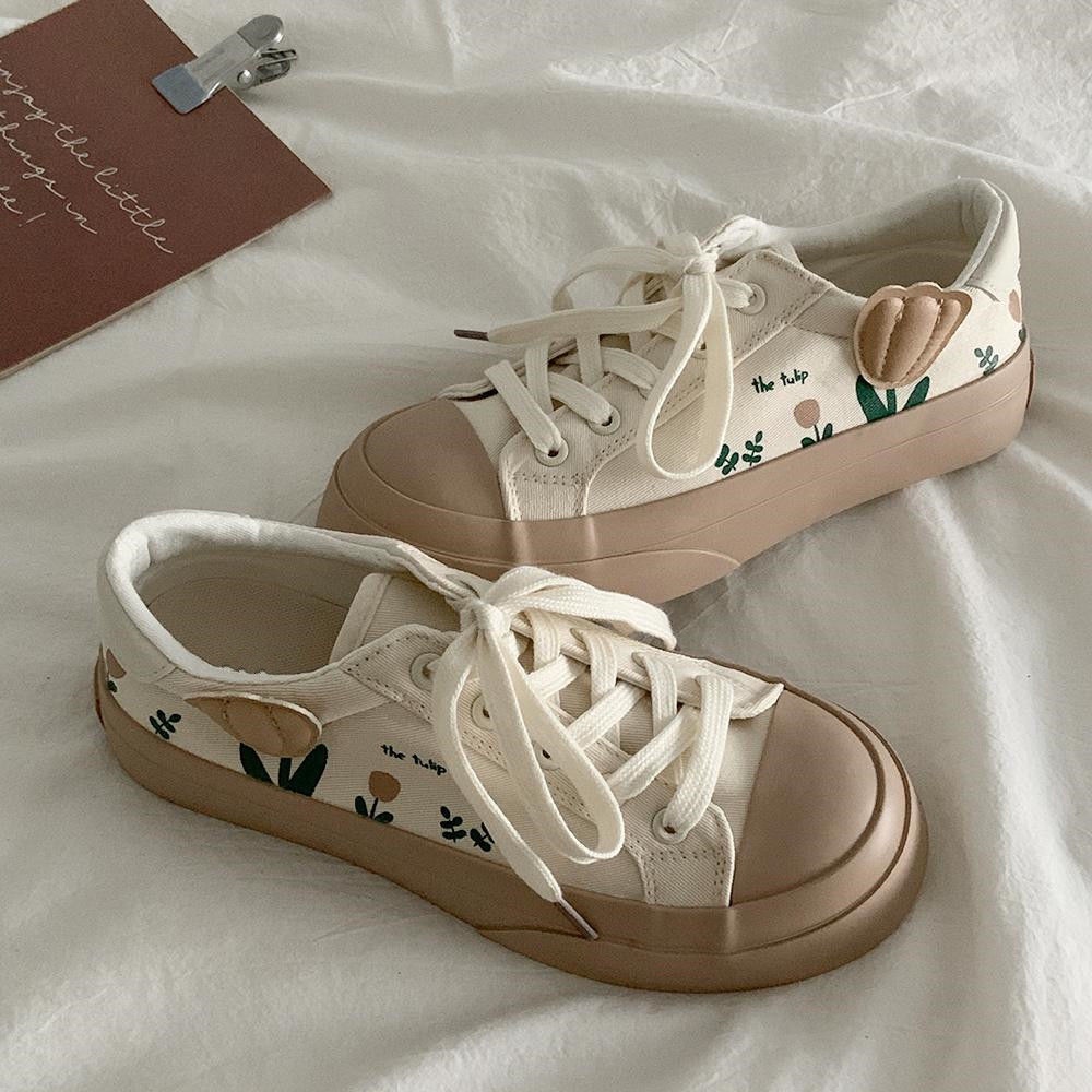 Giày Thể Thao Nữ Vải canvas In Hình Hoa Tulip Xinh Xắn