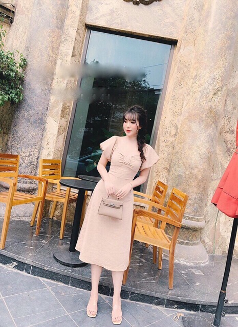 Đầm Midi Bo Ngực Tay Búp Dáng Xòe Xt