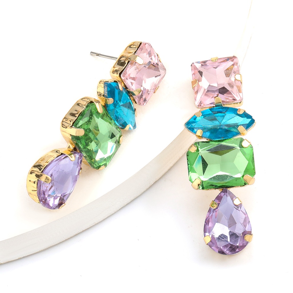 Khuyên tai PINKDUDU PD347 hợp kim mặt thủy tinh dáng vuông/ giọt nước đính đá lấp lánh thời trang cho nữ