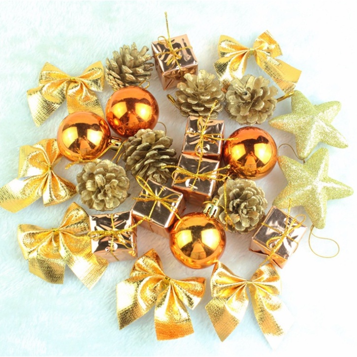 Hộp phụ kiện nhí 24 món trang trí cây thông PK01 vàng đồng nơ