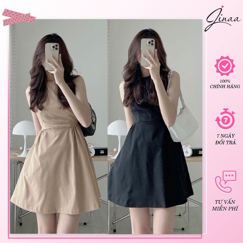 Váy dáng xòe hở lưng hai màu đen be JINAA mã 1114