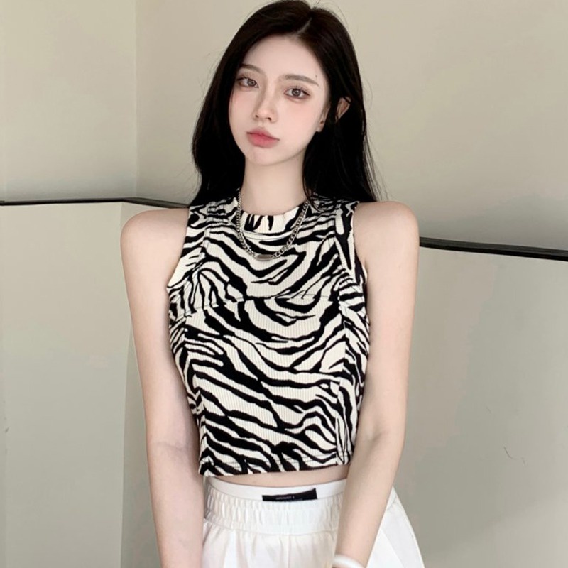 Áo Croptop Dệt Kim Không Tay In Họa Tiết Phong Cách Hàn Quốc Thời Trang Đi Biển Mùa Hè Cho Nữ