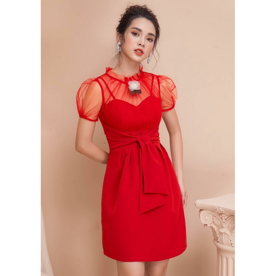 Đầm Váy thun thiết kế cao cấp ôm body tay phồng cúp ngực phối lưới (sản phẩm có nhiều size)