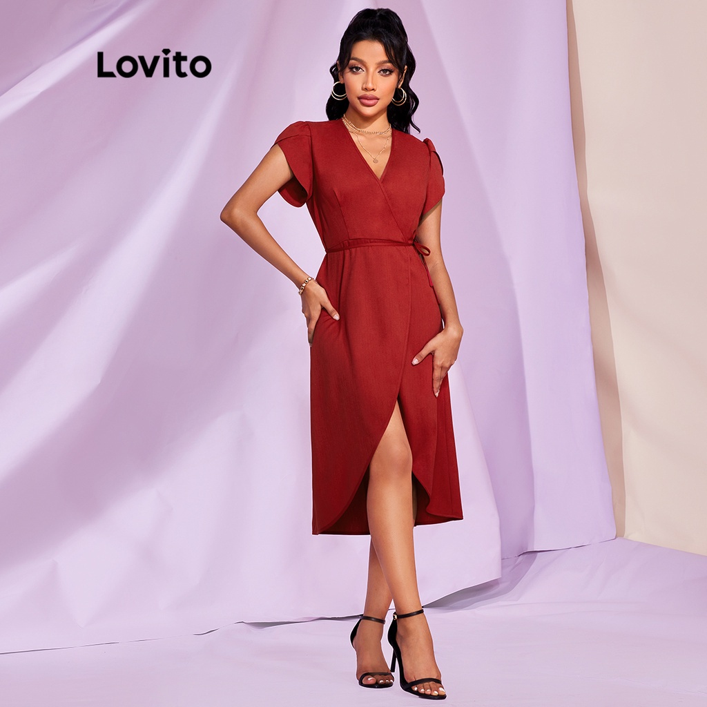 106DP-váy (Lovito Exclusive) STIPPLING WORLD Dây quấn cổ chữ V trơn Tao nhã L28LE024 (Đỏ tía)