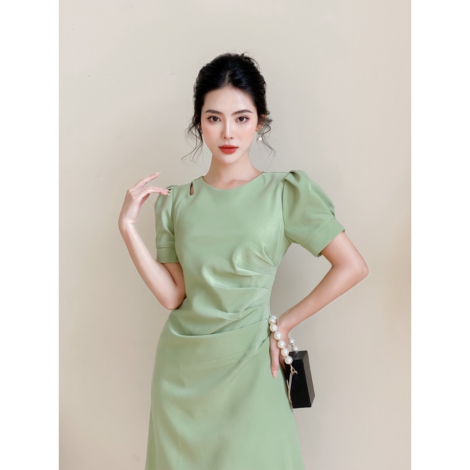 Váy cách điệu eo màu xanh YV01 vải trượt hàn cao cấp YAME