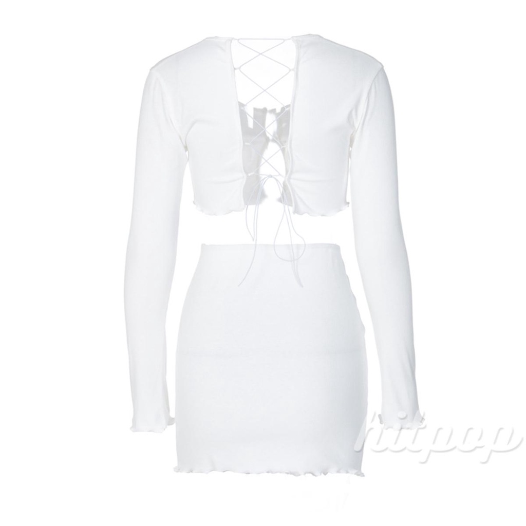 Set áo croptop tay dài + chân váy ngắn màu trơn quyến rũ cho nữ