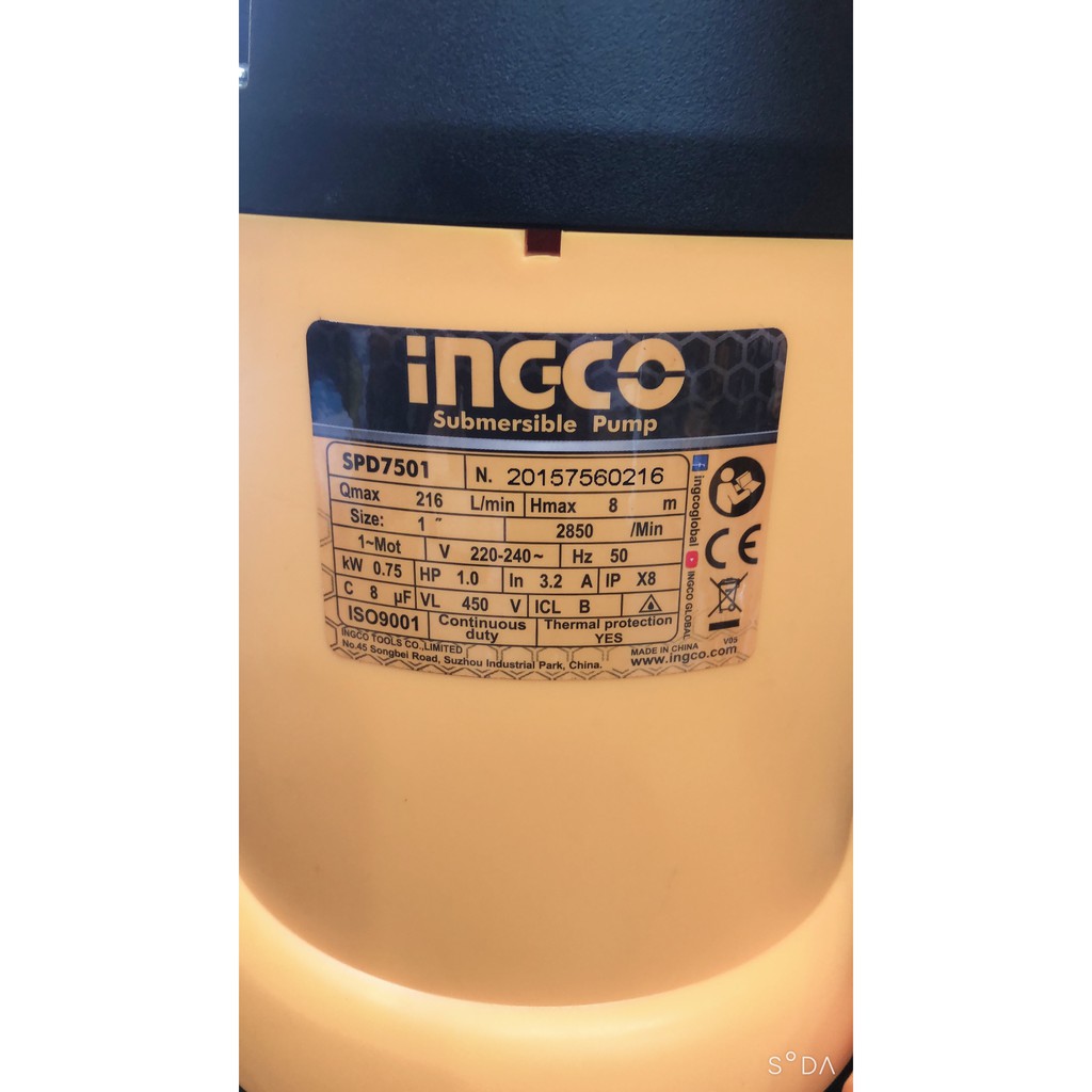MÁY BƠM CHÌM NƯỚC THẢ CHỐNG NGẬP 1.0HP INGCO SPD7501