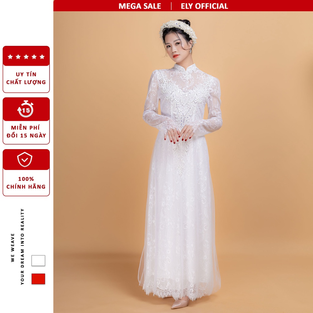 Áo dài cưới truyền thống 3 lớp 6 tà ELY Boutique, áo dài trắng đính kết hạt ELR06