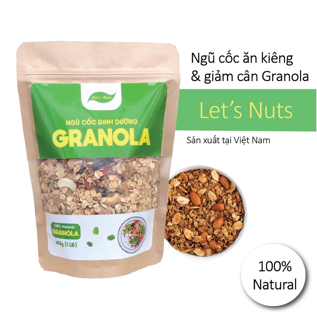 Ngũ cốc giảm cân ăn kiêng Granola mixed nuts các loại hạt hoa quả yến mạch, hạt dinh dưỡng túi 453gr Let's Nuts