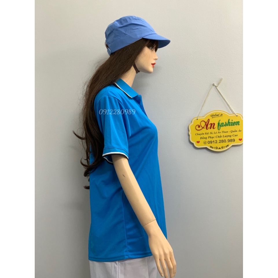 Áo thun có cổ màu xanh nhạt vải cá sấu mè nhẹ mát cho nam nữ _ Hình chụp thật