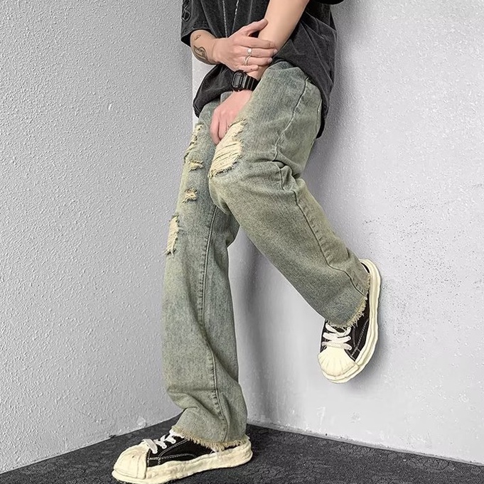 Quần jean dáng suông dài rách gối thời trang phong cách hàn quốc unisex quần jeans nam rách gối quần mikenco