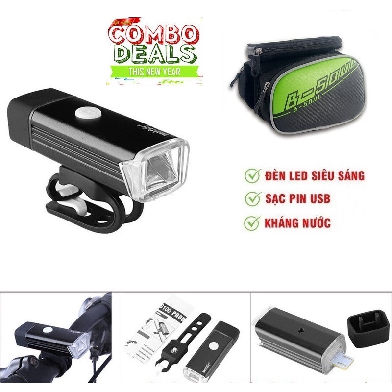 Combo Đèn pha xe đạp siêu sáng Machfally Sạc cổng USB Chống nước và Túi treo sườn xe đạp