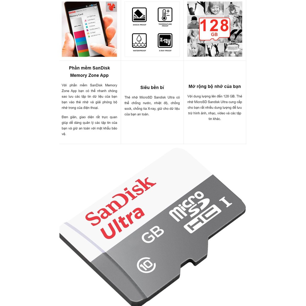Thẻ nhớ MicroSD 16Gb Sandisk Ultra 80MB/s 533x - Hàng chính hãng.