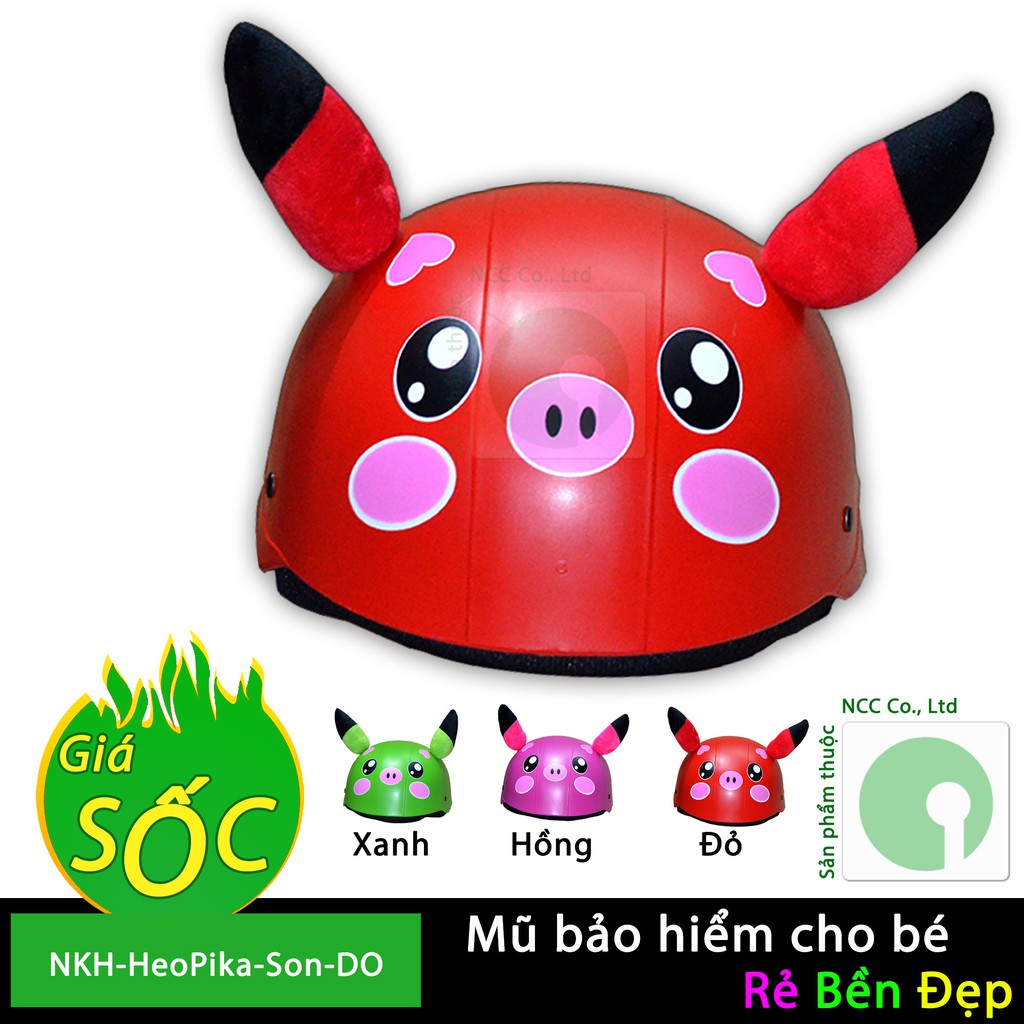 Mũ nón bảo hiểm cho bé 3-4 tuổi - Tem nhãn hình mặt HEO tai Pikachu - NKH-HeoPika-Son-D (Nhiều màu)