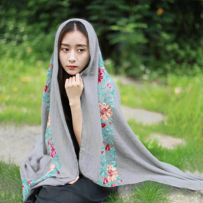 Khăn Choàng Lụa Cỡ Lớn Thêu Họa Tiết Hoa Phong Cách Dân Tộc Thời Trang Đi Biển Mùa Hè