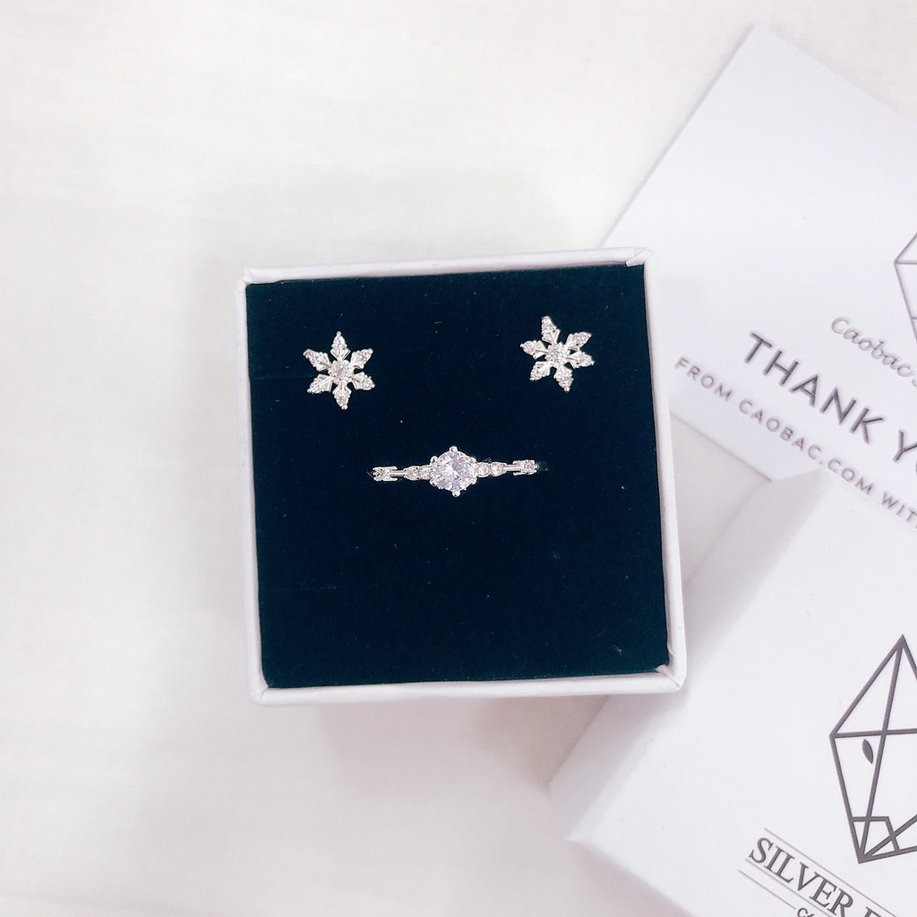 Bộ Trang Sức Nhẫn, Khuyên Tai Bông Tuyết Bạc Ta Nữ CaoBac Silver Tinh Tế Nhẹ Nhàng Kèm Hộp Quà Thắt Nơ Xinh Xắn