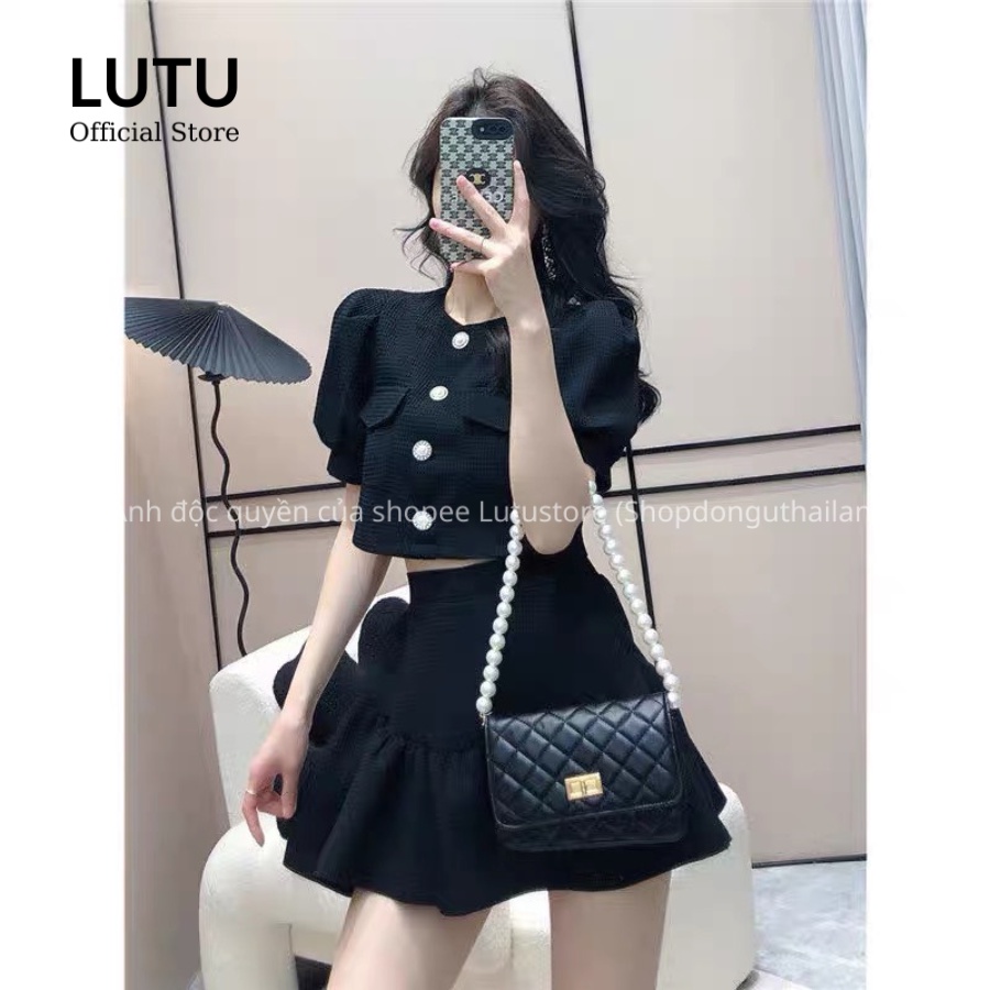 Set váy nữ croptop cúc ngọc tay bông chân váy xòe phong cách tiểu thư sang chảnh  Lutu Store
