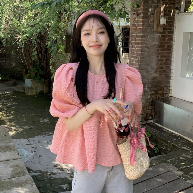 Áo Sơ Mi Voan Tay Phồng Hai Mặt Màu Hồng Thời Trang Xuân Hè Phong Cách Mới 2022