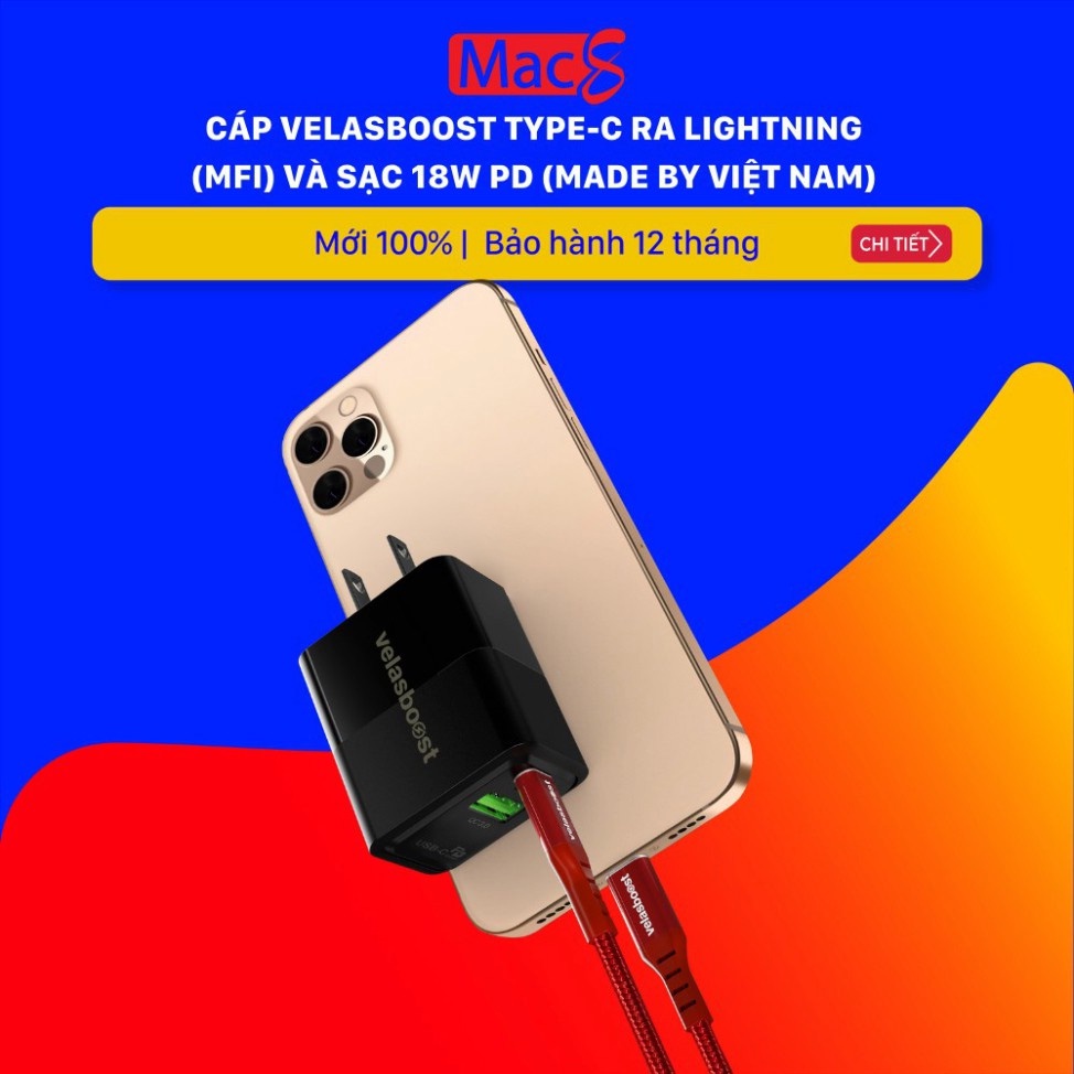 Cáp Velasboost TypeC ra (MFi) và sạc 20W PD (Made by Việt Nam)