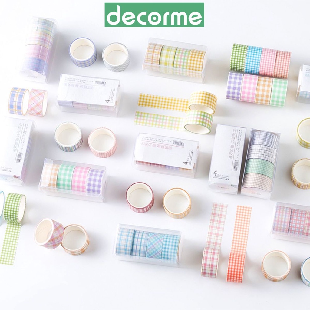 Washi tape Kẻ caro Agugu Hộp 4 cuộn Decorme Băng dính washi kẻ caro nhiều màu 2cm trang trí sổ bullet journal