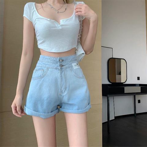 Jiashucheng Hàng Có Sẵn Quần Short Denim Ngắn Ống Rộng Hai Màu Xám Đen