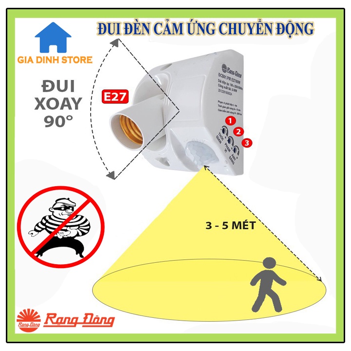 Đui đèn cảm ứng chuyển động Rạng Đông E27, chống trộm có người đèn tự động sáng, bh chính hãng 1 năm