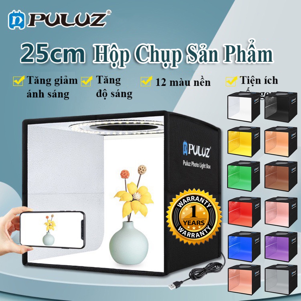 hộp chụp ảnh hộp chụp sản phẩm 40x40 Puluz Đèn LED 3 màu, 12 màu phong nền chụp ảnh, Tặng 500GB Data thiết kế