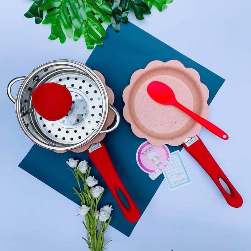 Bộ nồi chảo đá hình hoa cao cấp kèm lồng hấp dùng chế biến ăn dặm cho bé