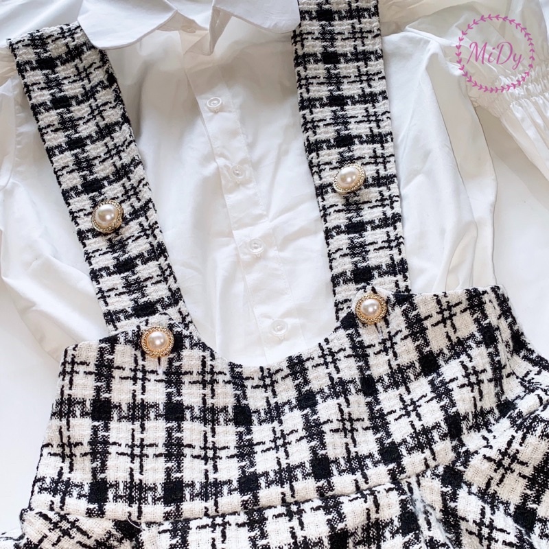 Set áo sơ mi tay nhún kiểu + váy yếm chất dạ Tweed