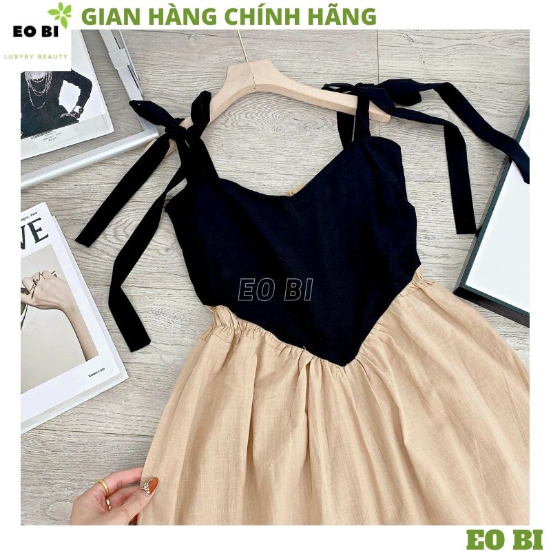 Đầm Maxi 2 Dây Ngực Trái Tim Lưng Chun - Váy Nữ Dáng Dài Vải Đũi Phối Màu đi biển đi chơi bồng bềnh - EOBISHOP